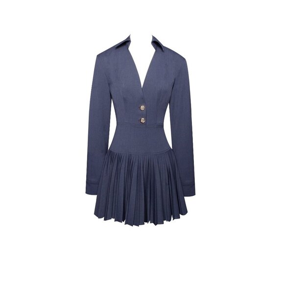 Val Navy Blue Denim Style Pleated Mini Dress - Picture 13 of 16